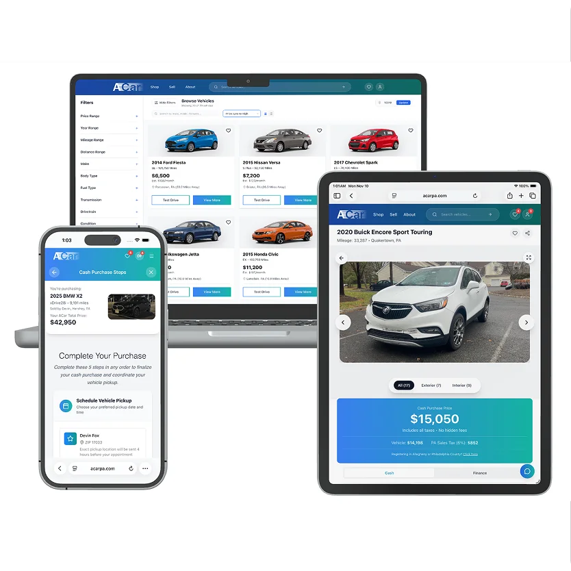 ACar inventory, vehicle page, and purchase flow shown across devices