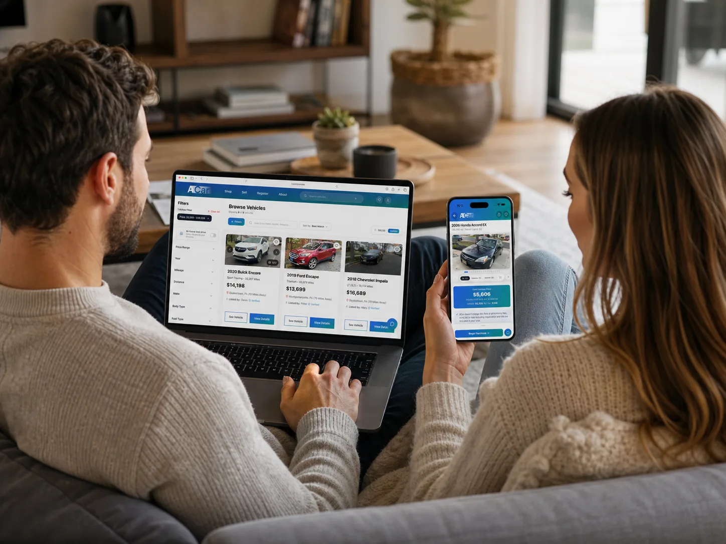 Couple browsing ACar inventory on laptop and mobile