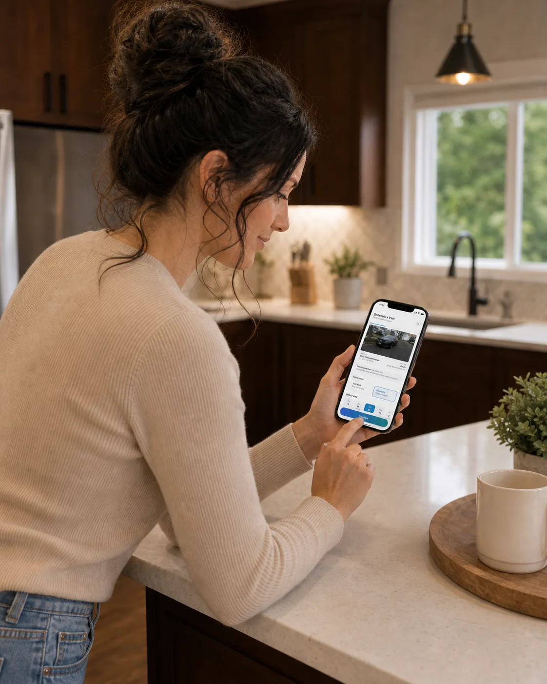 Woman scheduling a test drive on the ACar mobile app