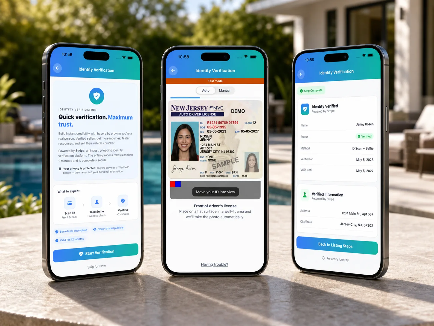 Identity verification flow on mobile showing NJ driver license scan and selfie