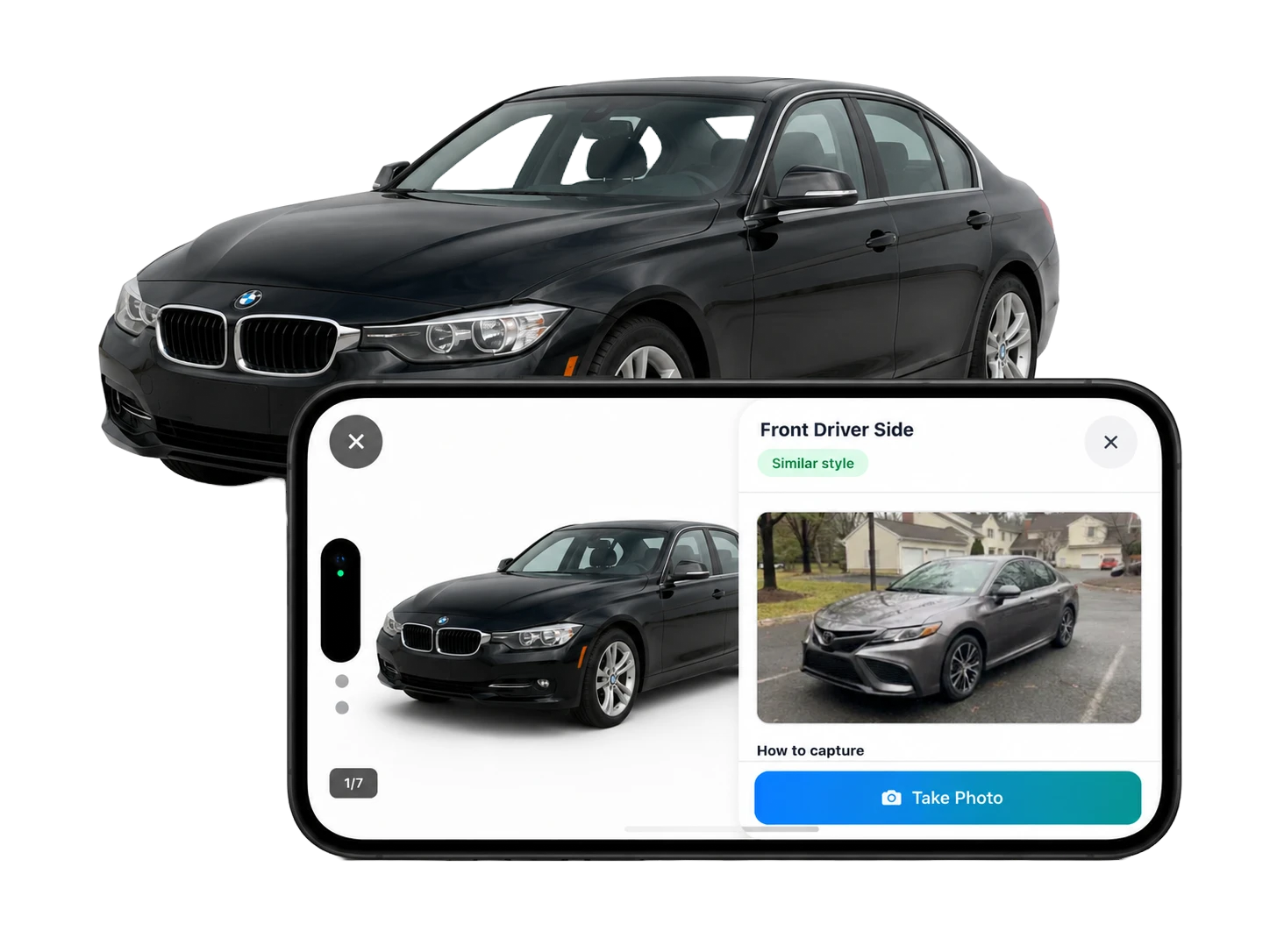 ACar guided exterior photo capture showing the requested vehicle angle