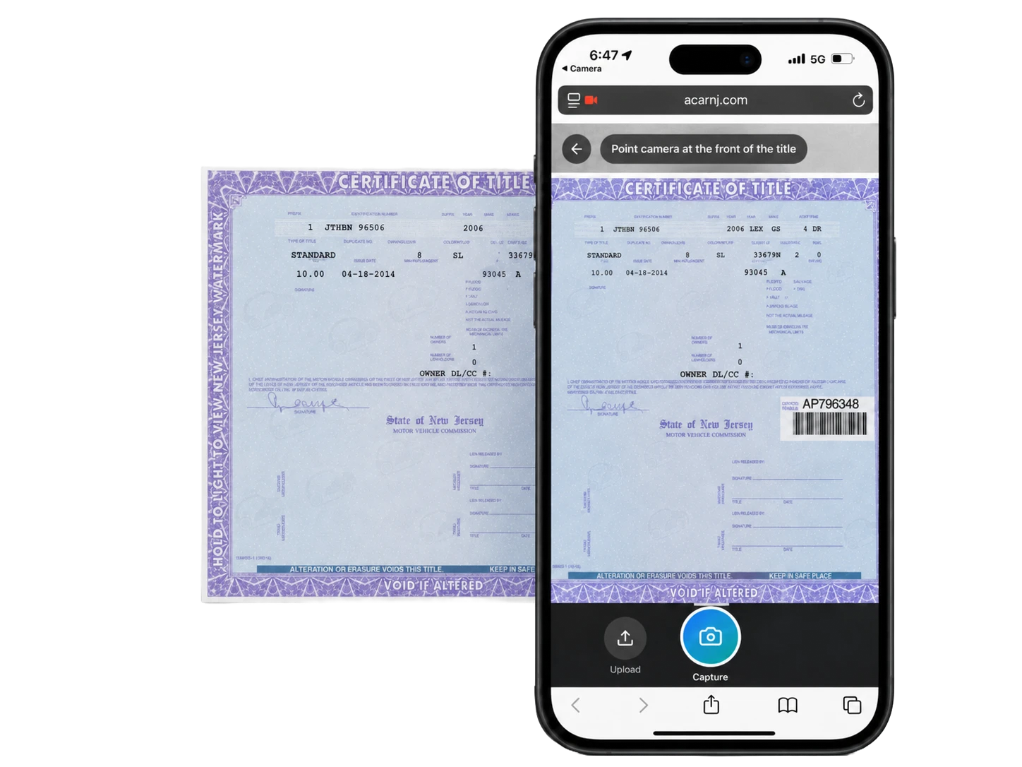 ACar title capture flow on a phone