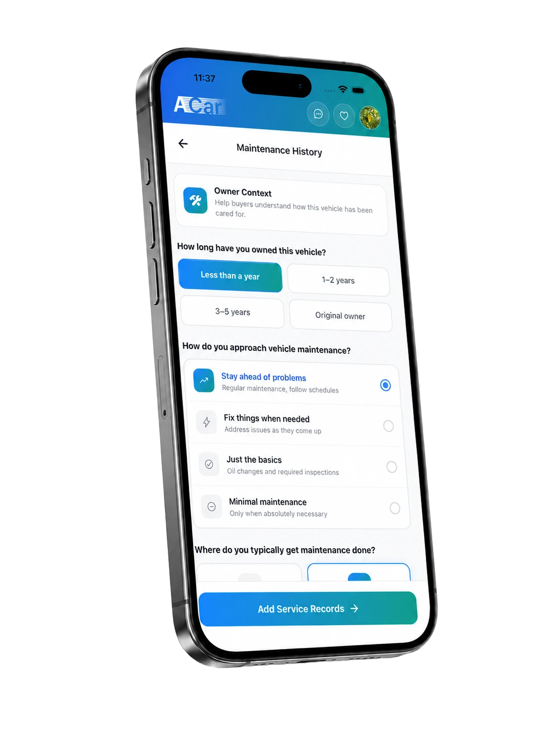 ACar maintenance history form on a phone