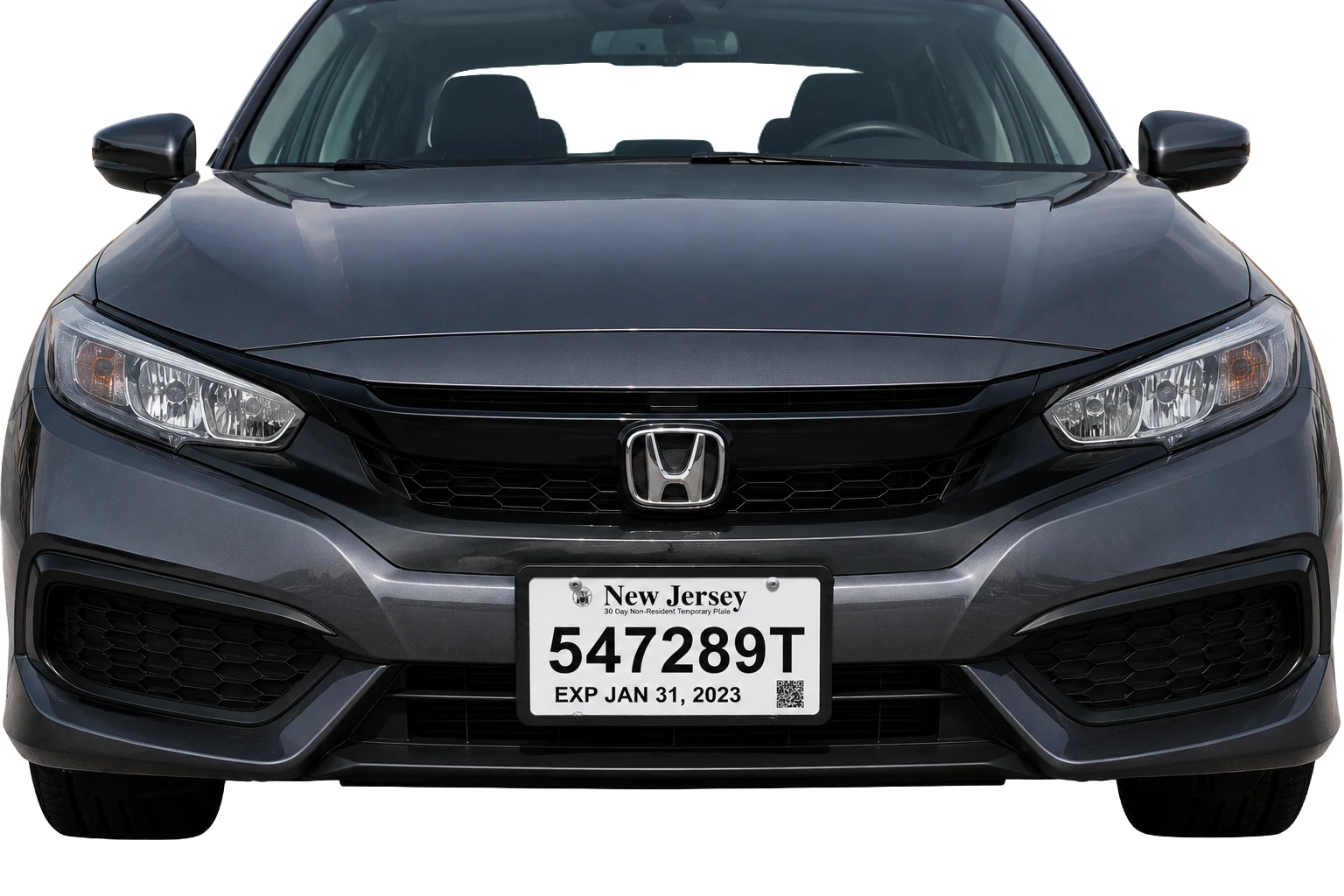 Example New Jersey temporary registration tag on a vehicle