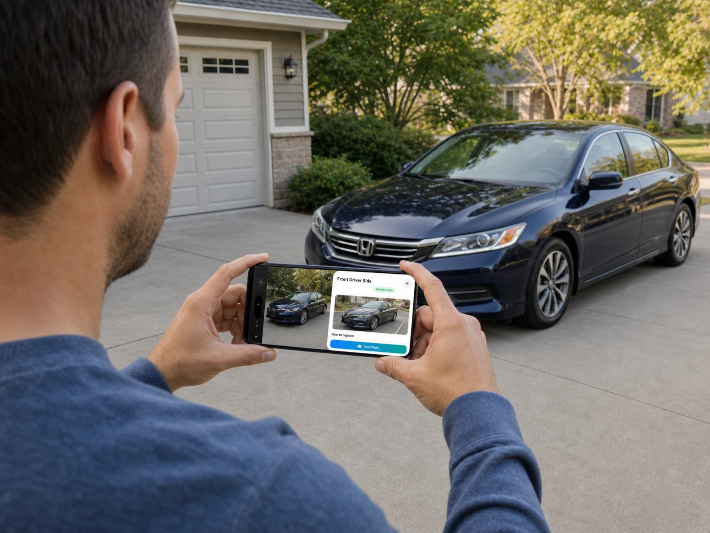 Seller using ACar's guided photo capture beside a vehicle