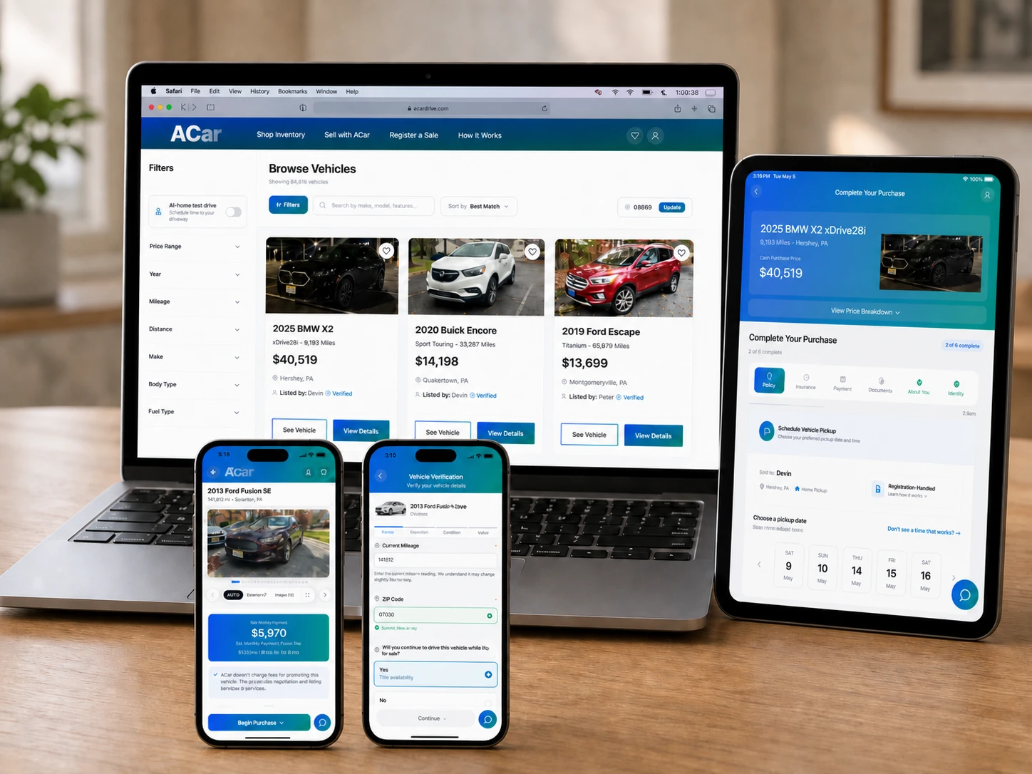 ACar platform shown on laptop, tablet, and mobile devices